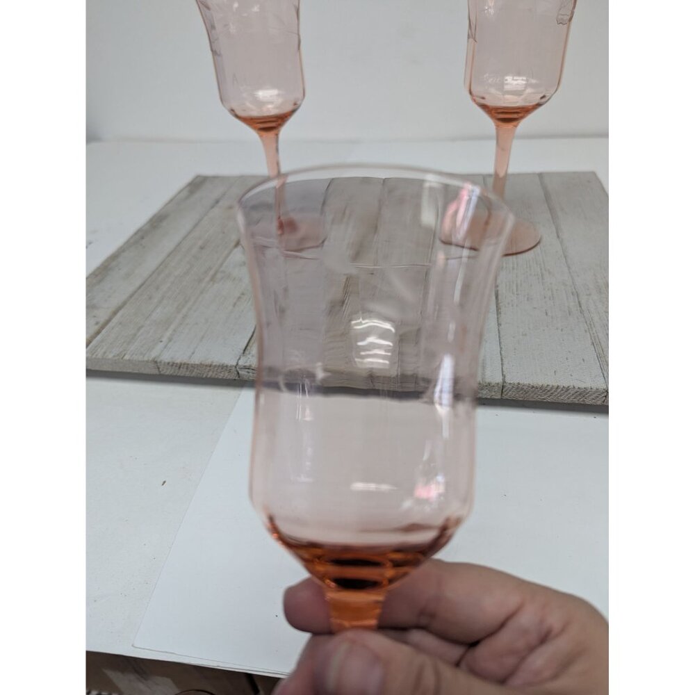 Set of 3 Vintage Tiffin Pink Optic Water Wine Stem Glasses 7 3/8" Depression Gla - Picture 7 of 9